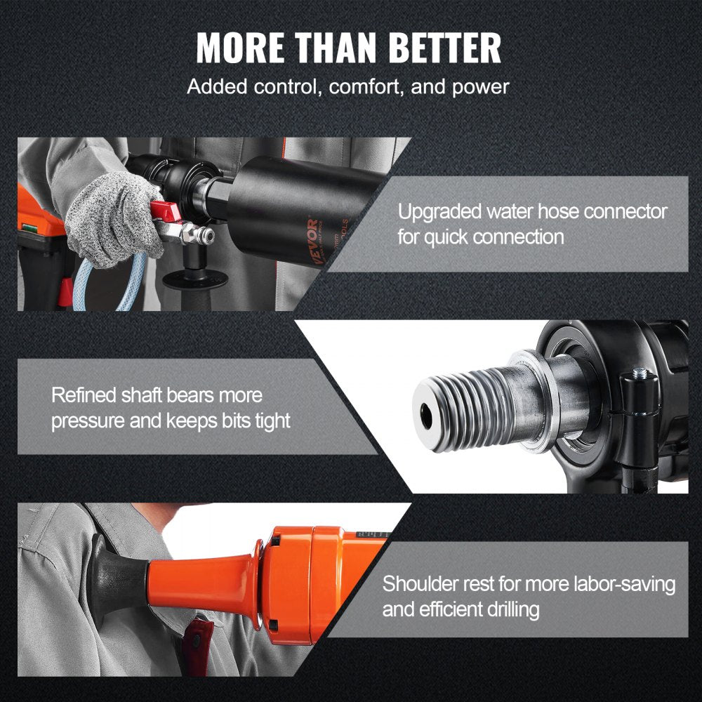 VEVOR Diamond Core Drilling Machine, 4in Handheld Wet Concrete Core Drill Rig, 1100-2400RPM Two Speed & 1-1/4