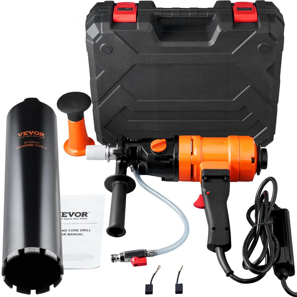 VEVOR Diamond Core Drilling Machine, 4in Handheld Wet Concrete Core Drill Rig, 1100-2400RPM Two Speed & 1-1/4