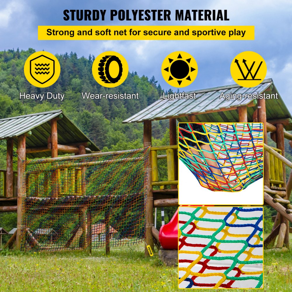 VEVOR Climbing Cargo Net, 6.6 x 10.5 ft Playground Climbing Cargo Net, Polyester Double Layers Cargo Net Climbing Outdoor with 500lbs Weight Capacity, Rope Bridge Net for Tree House, Monkey Bar, Rainb