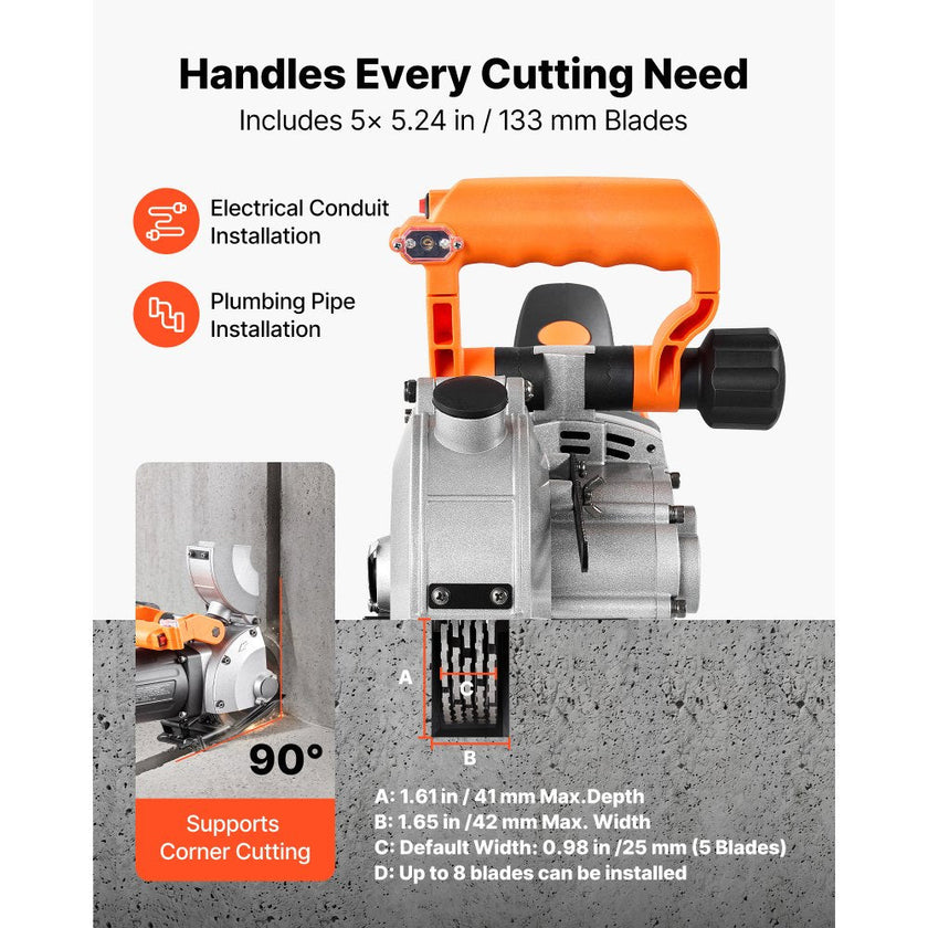 Wall Chaser, 4800W Electric Wall Groove Cutting Machine with 5 Blades & Precision Guide Line