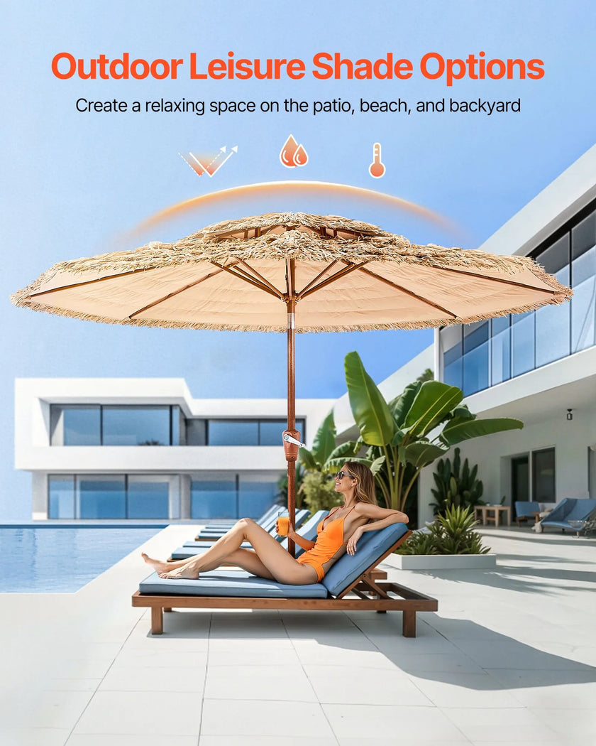 VEVOR Tiki Umbrella 2-Tier Thatched Patio Umbrella 9 ft for Pool Patio Beach