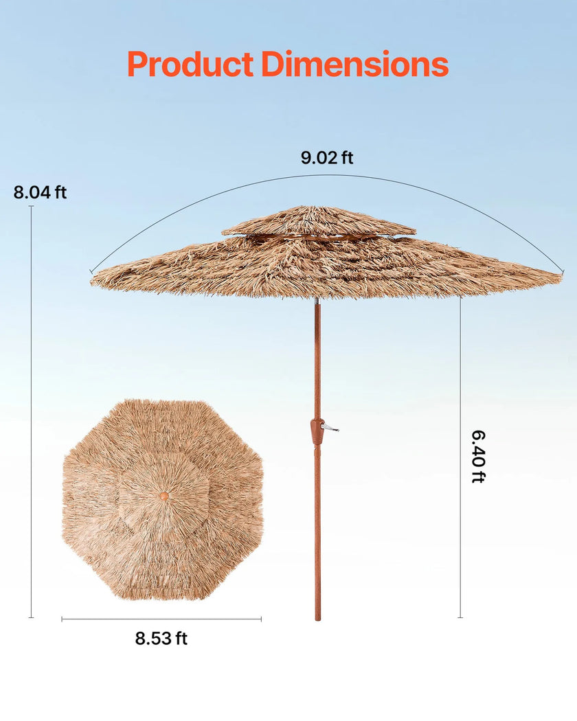 VEVOR Tiki Umbrella 2-Tier Thatched Patio Umbrella 9 ft for Pool Patio Beach
