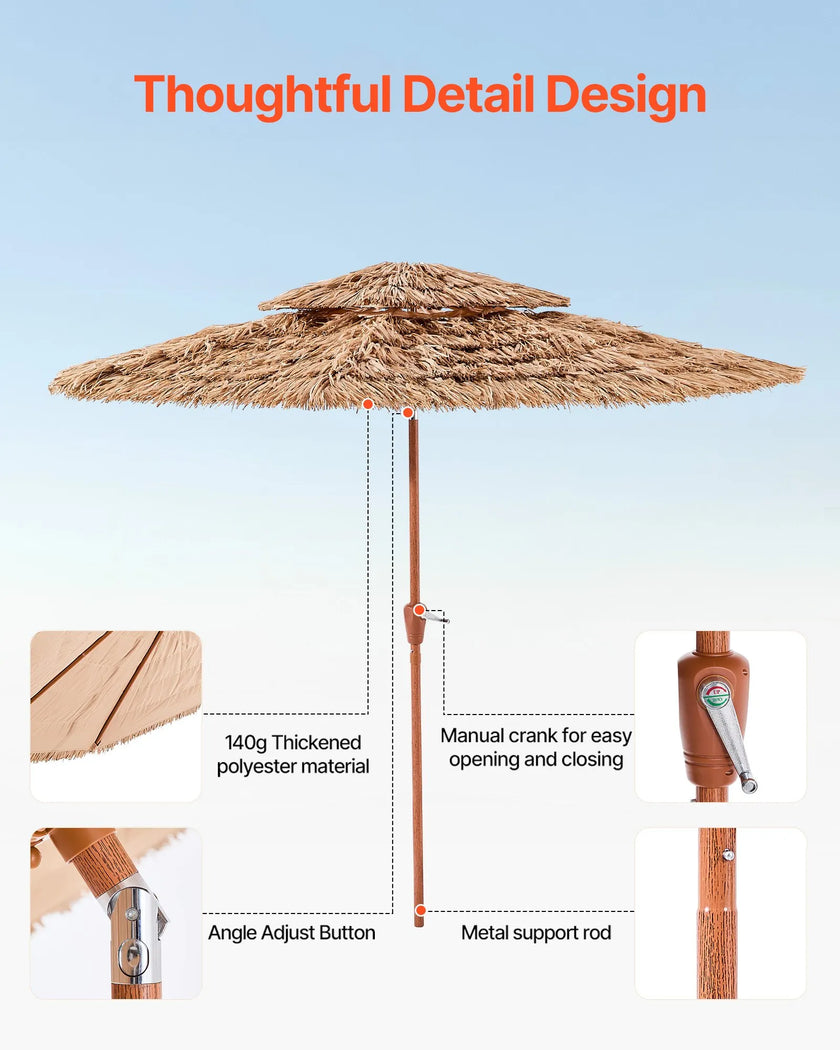 VEVOR Tiki Umbrella 2-Tier Thatched Patio Umbrella 9 ft for Pool Patio Beach