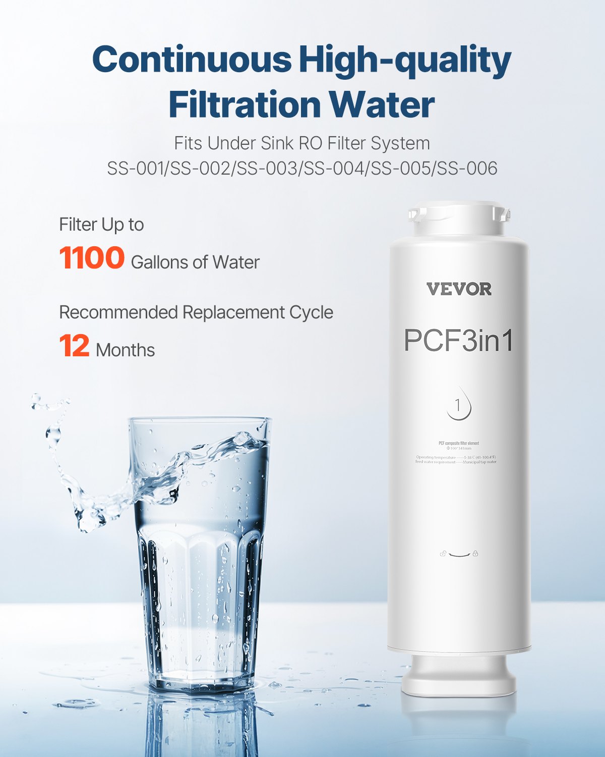 VEVOR PCF Composite Filter Replace for SS-001/003/005 Under Sink Water Filter