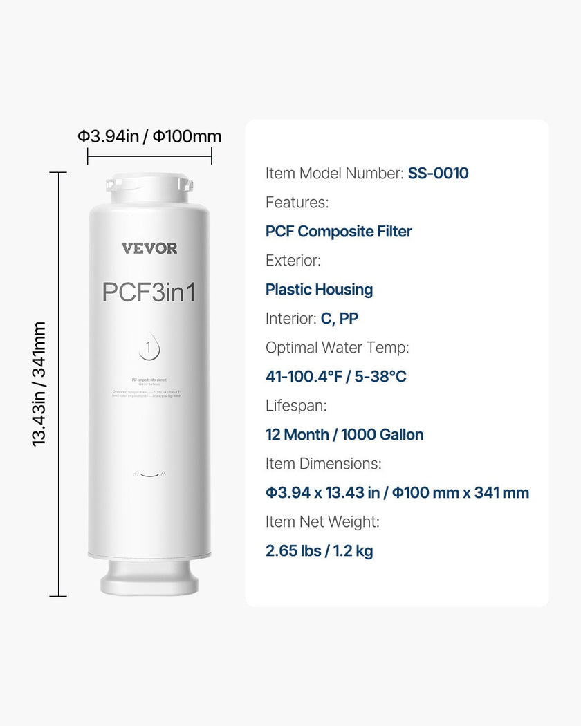 VEVOR PCF Composite Filter Replace for SS-001/003/005 Under Sink Water Filter