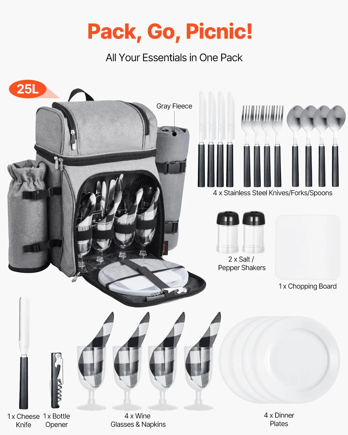 VEVOR Beach Picnic Backpack Bag for 4 Person with Cooler Compartment Grey