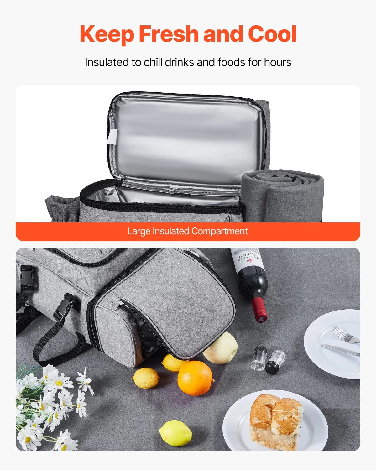 VEVOR Beach Picnic Backpack Bag for 4 Person with Cooler Compartment Grey