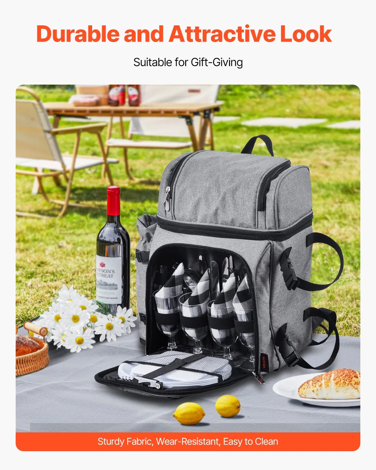 VEVOR Beach Picnic Backpack Bag for 4 Person with Cooler Compartment Grey