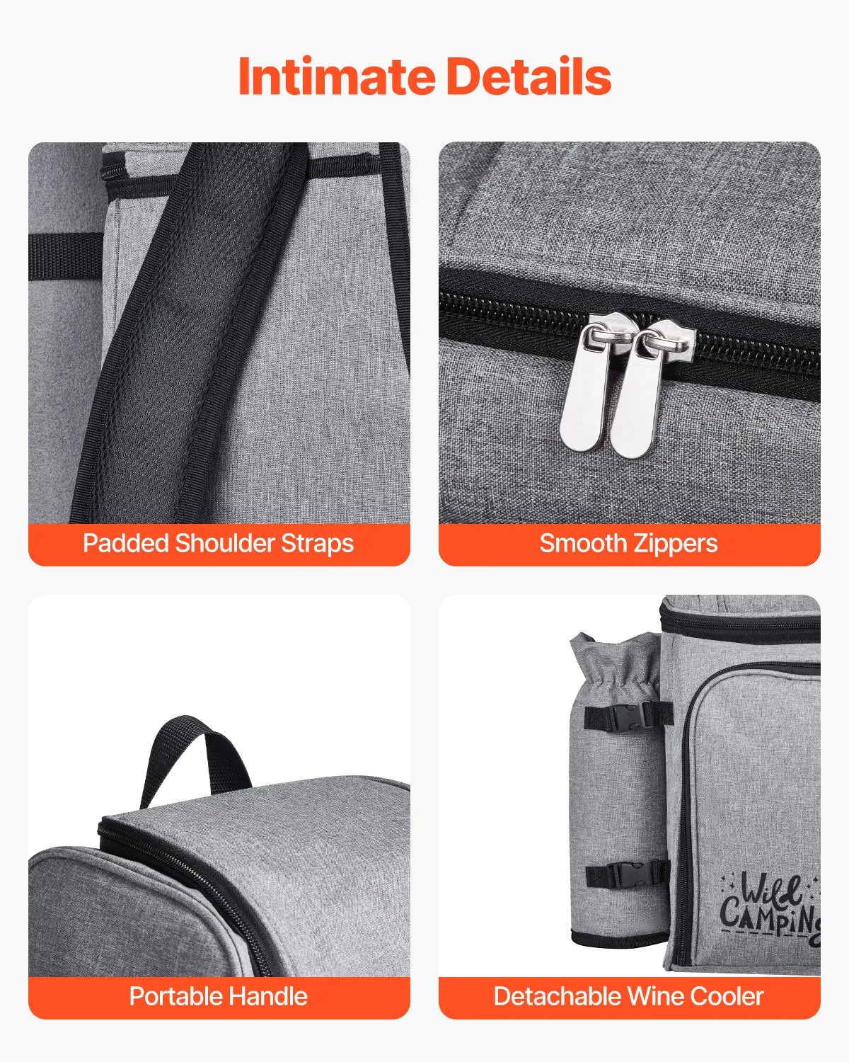 VEVOR Beach Picnic Backpack Bag for 4 Person with Cooler Compartment Grey