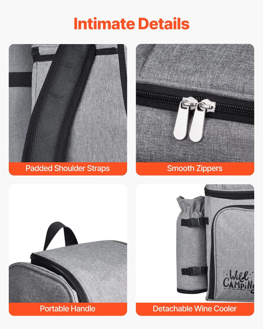 VEVOR Beach Picnic Backpack Bag for 4 Person with Cooler Compartment Grey