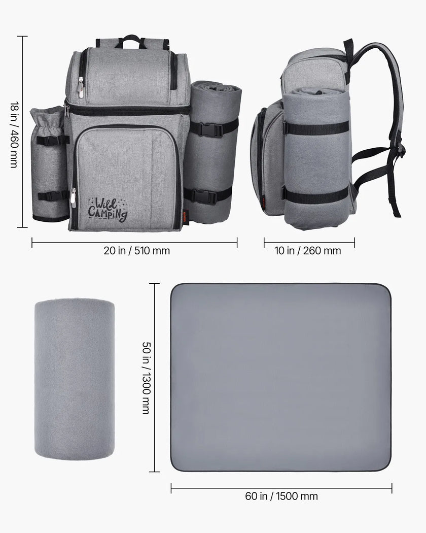 VEVOR Beach Picnic Backpack Bag for 4 Person with Cooler Compartment Grey
