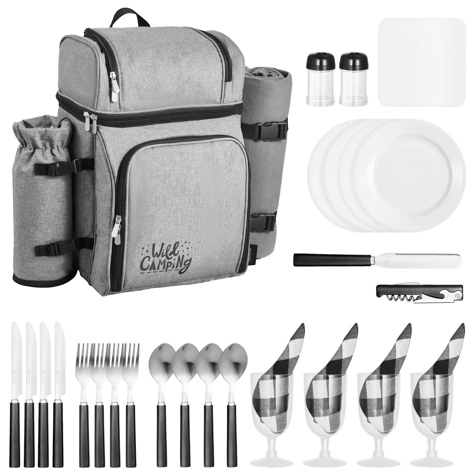 VEVOR Beach Picnic Backpack Bag for 4 Person with Cooler Compartment Grey