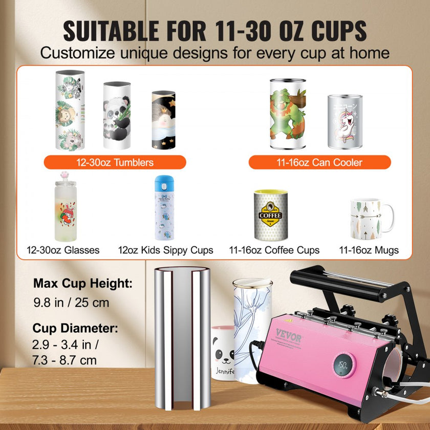VEVOR Mug Heat Press, 11-30oz Tumbler Heat Press Machine, Sublimation Transfer Straight Skinny Tumblers, Cup Heat Press with Heat-resist Gloves & Tape, DIY Ceramic Mugs Cups Glasses, As Gift, Pink