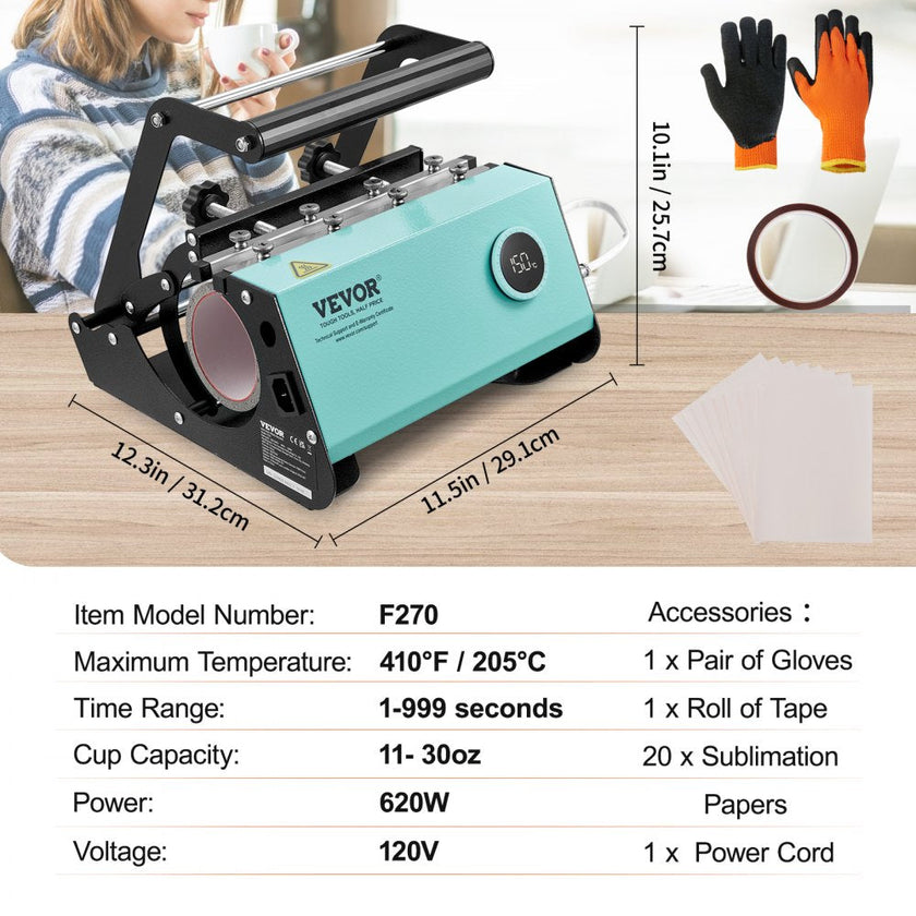 VEVOR Mug Heat Press, 11-30oz Tumbler Heat Press Machine, Sublimation Transfer Straight Skinny Tumblers, Cup Heat Press with Heat-resist Gloves & Tape, DIY Ceramic Mugs Cups Glasses, As Gift, Green