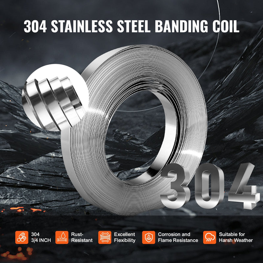 VEVOR Banding Strapping Kit with Strapping Tensioner Tool, 100 ft Length 304 Stainless Steel Banding, 100 Metal Seals, Pallet Packaging Strapping Banding Kit, Banding Packaging Strapping for Packing