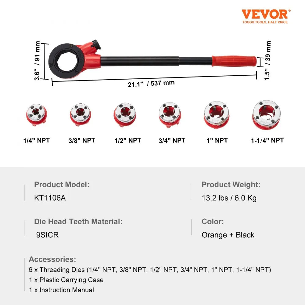 VEVOR Ratchet Pipe Threader Kit, 1/4