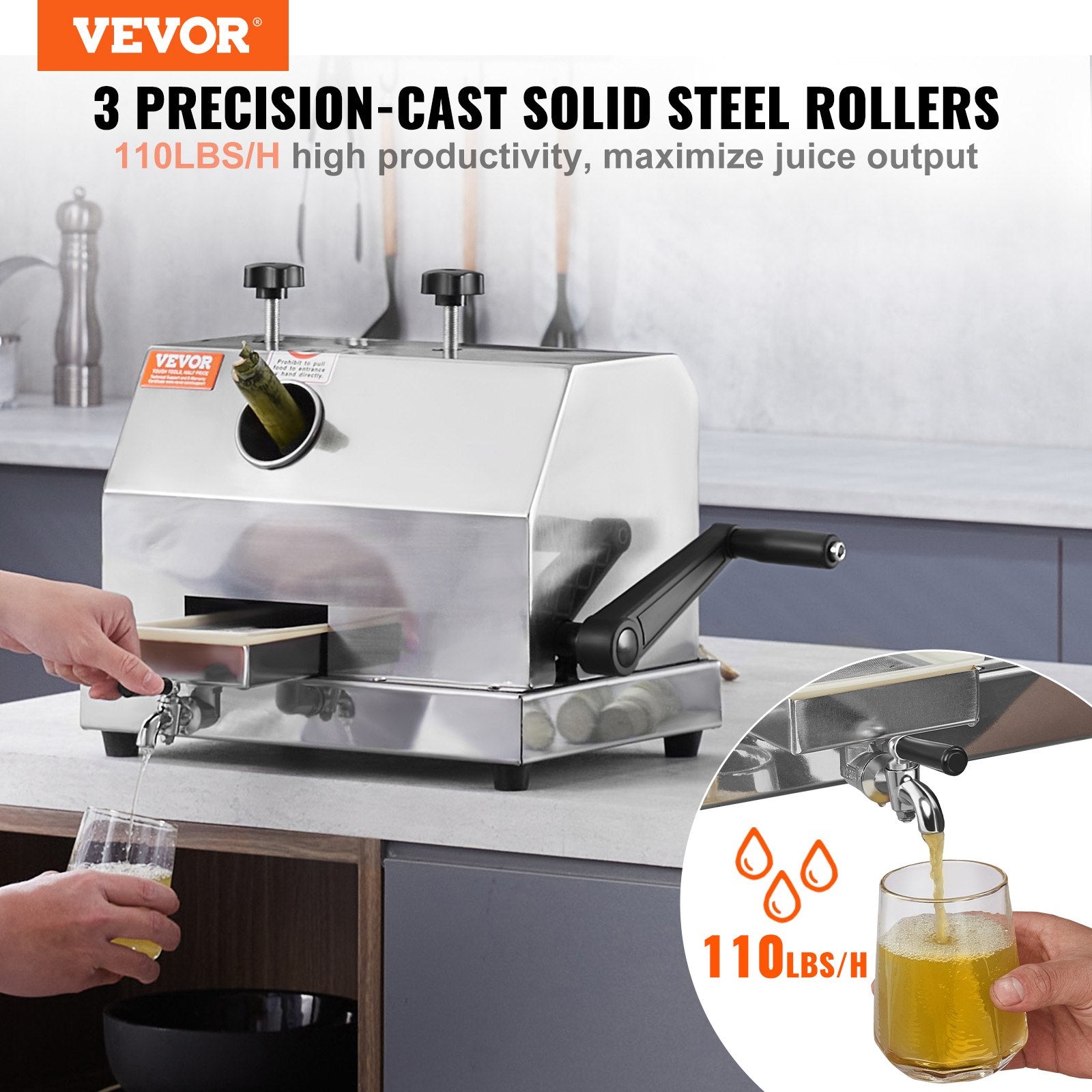 VEVOR Commercial Sugar Cane Juicer, 110LBS/H High Output Sugarcane Juicer Machine with 3 Stainless Steel Rollers, 2.4