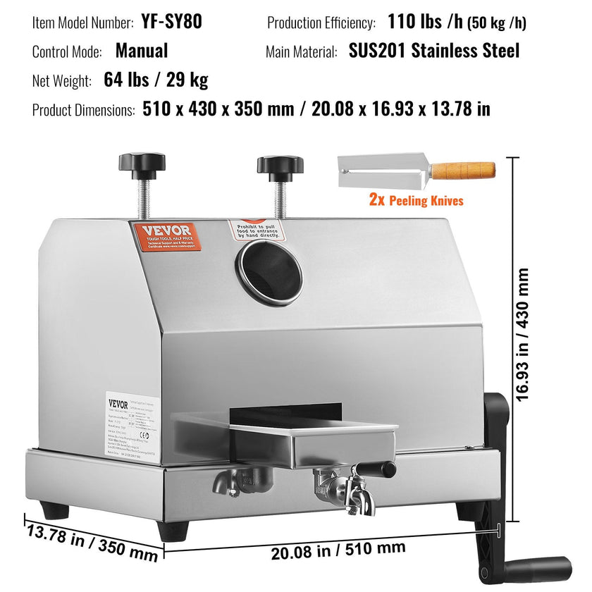 VEVOR Commercial Sugar Cane Juicer, 110LBS/H High Output Sugarcane Juicer Machine with 3 Stainless Steel Rollers, 2.4