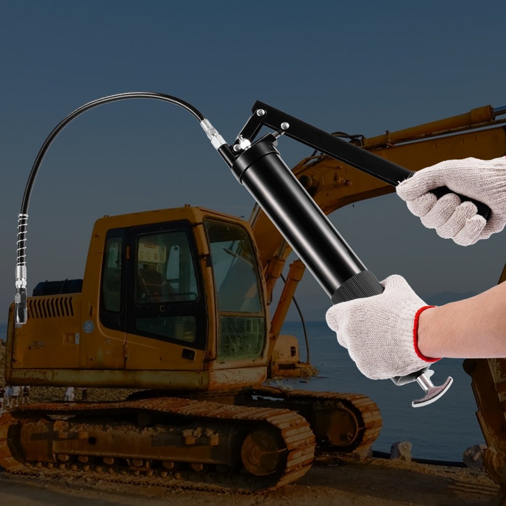 VEVOR Grease Gun, 10000 PSI Max. Working Pressure, 20 OZ / 600 CC Capacity Heavy Duty Lever Action Grease Gun Kit, Includes 18.5 Inch Flexible Hose, 2 Black Flat Couplers, and 1 Straight Metal Pipes