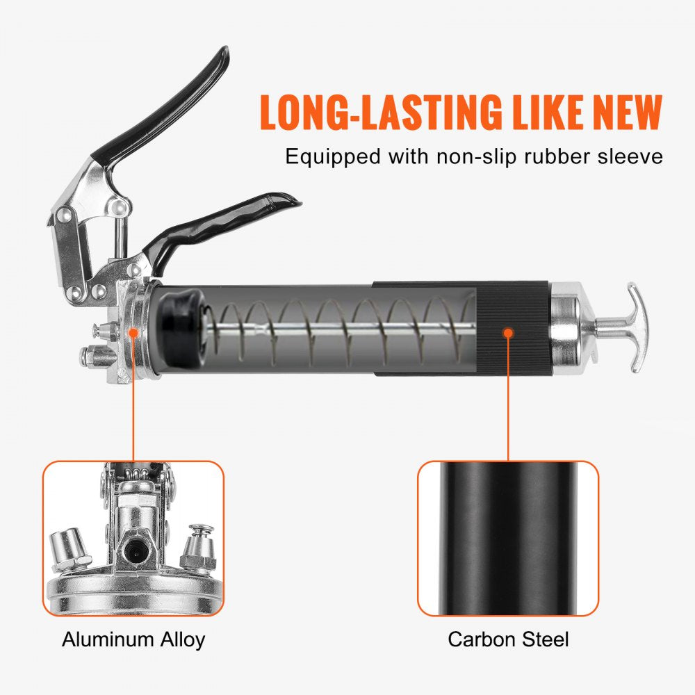VEVOR Pistol Grip Grease Gun, 6000 PSI, 14 OZ / 400 CC Capacity Heavy Duty Professional Grease Gun, with 19.69 Inch Flexible Hose 2 Black Flat Couplers, 1 Pointed Coupler, and 2 Rigid Metal Pipe