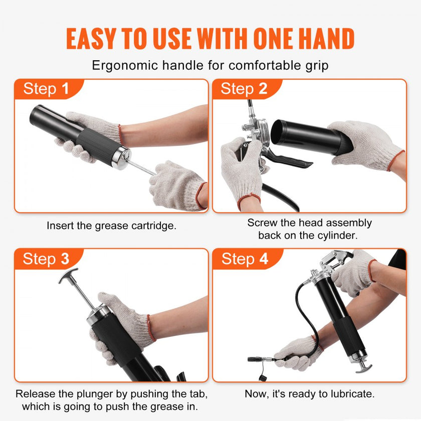 VEVOR Pistol Grip Grease Gun, 6000 PSI, 14 OZ / 400 CC Capacity Heavy Duty Professional Grease Gun, with 19.69 Inch Flexible Hose 2 Black Flat Couplers, 1 Pointed Coupler, and 2 Rigid Metal Pipe