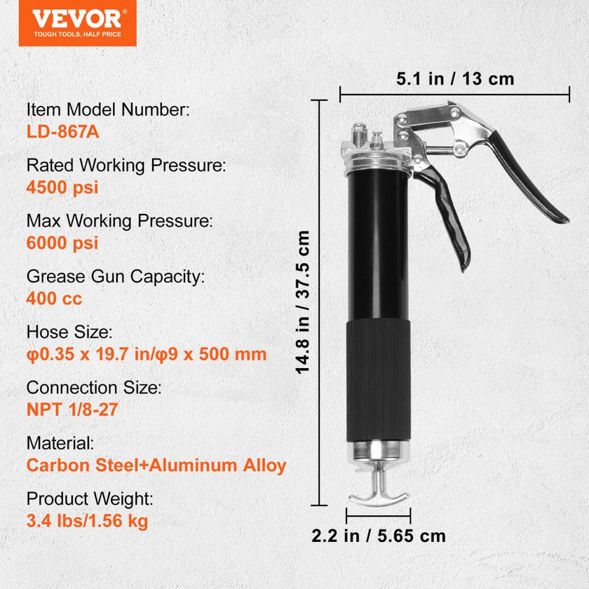 VEVOR Pistol Grip Grease Gun, 6000 PSI, 14 OZ / 400 CC Capacity Heavy Duty Professional Grease Gun, with 19.69 Inch Flexible Hose 2 Black Flat Couplers, 1 Pointed Coupler, and 2 Rigid Metal Pipe