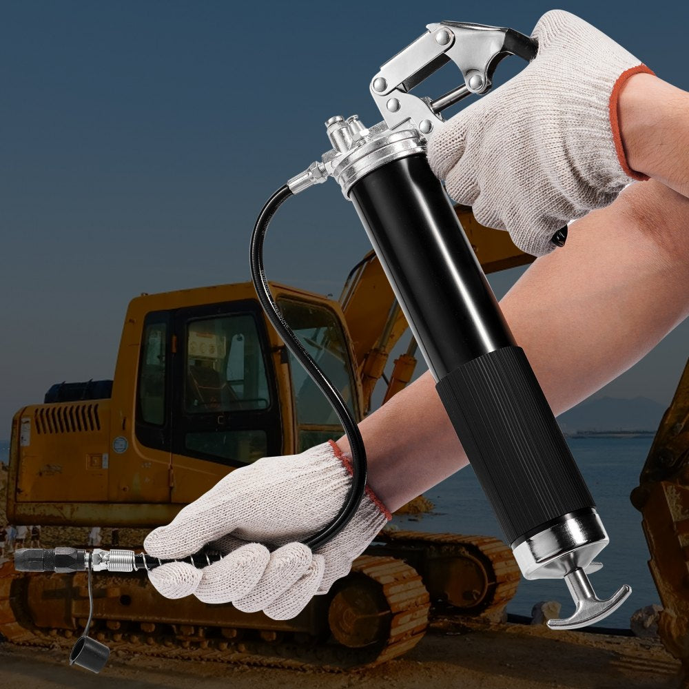 VEVOR Pistol Grip Grease Gun, 6000 PSI, 14 OZ / 400 CC Capacity Heavy Duty Professional Grease Gun, with 19.69 Inch Flexible Hose 2 Black Flat Couplers, 1 Pointed Coupler, and 2 Rigid Metal Pipe