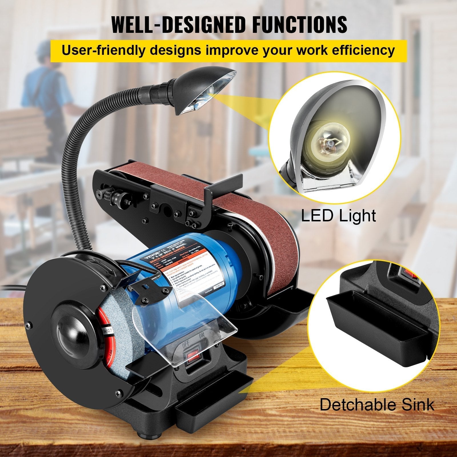 VEVOR 2 IN 1 2inch Belt Grinder for Knife Making 6inch 3450rpm per min Belt and Disc Bench Sander 90 Degree Belt Holder with Sturdy Base and LED Working Lamp