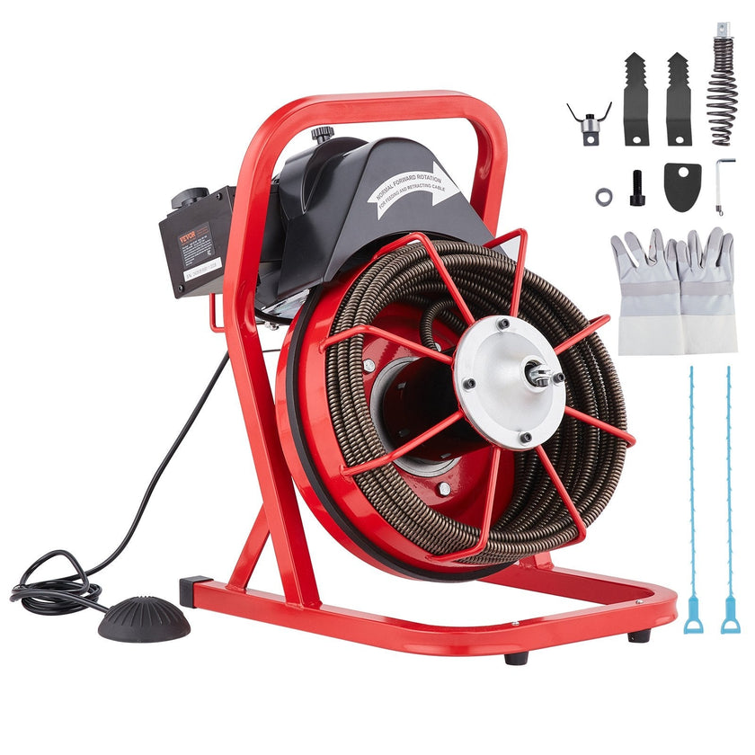 VEVOR Drain Cleaner Machine Drain Auger 50FT x 1/2 Inch Manual Feed & 4 Cutters
