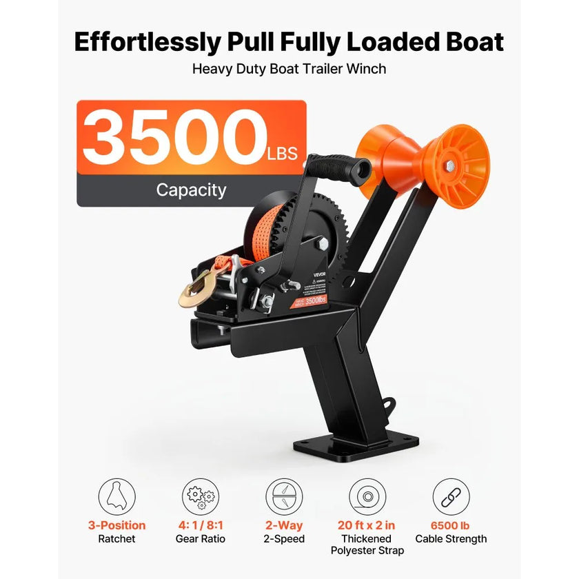 Boat Trailer Winch Stand with Roller, 3500 lb Capacity, 20 ft Polyester Strap, Heavy-Duty Galvanized Boat Winch Mount for Jet Ski, Sailboat & Speedboat Trailers