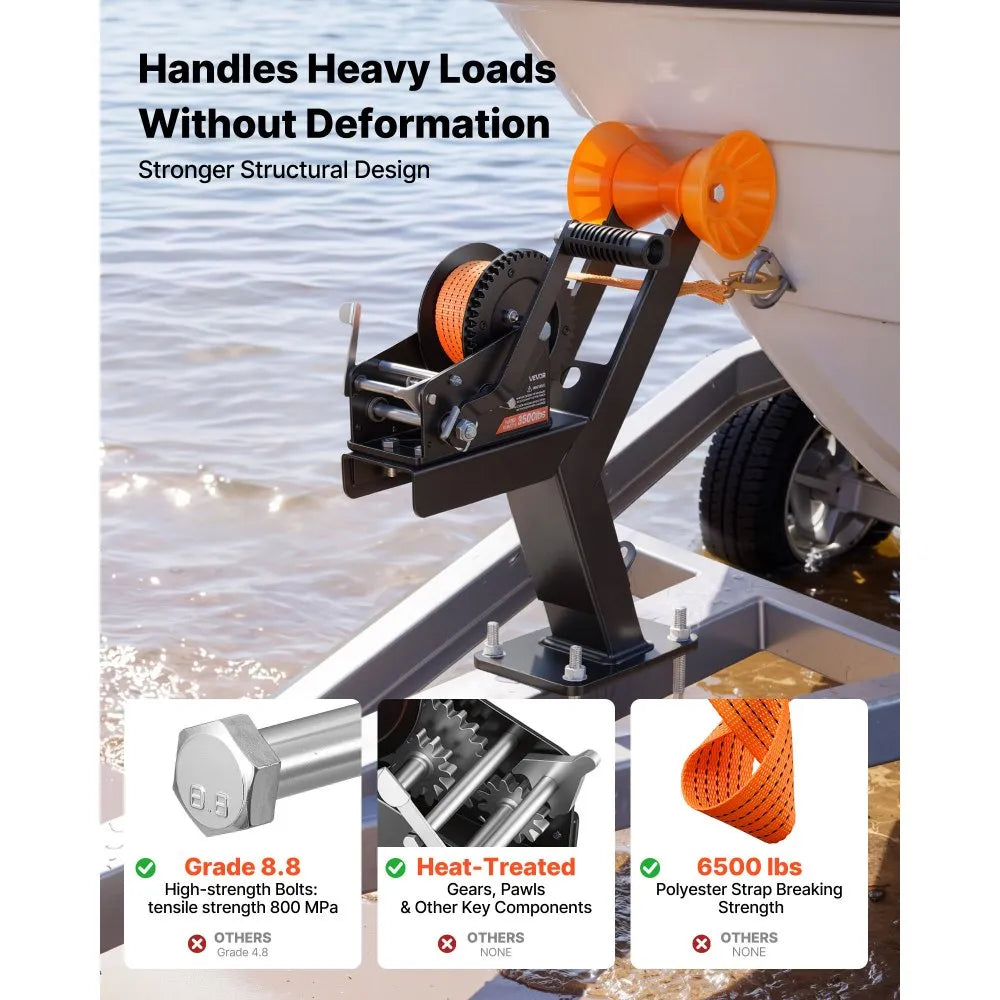 Boat Trailer Winch Stand with Roller, 3500 lb Capacity, 20 ft Polyester Strap, Heavy-Duty Galvanized Boat Winch Mount for Jet Ski, Sailboat & Speedboat Trailers