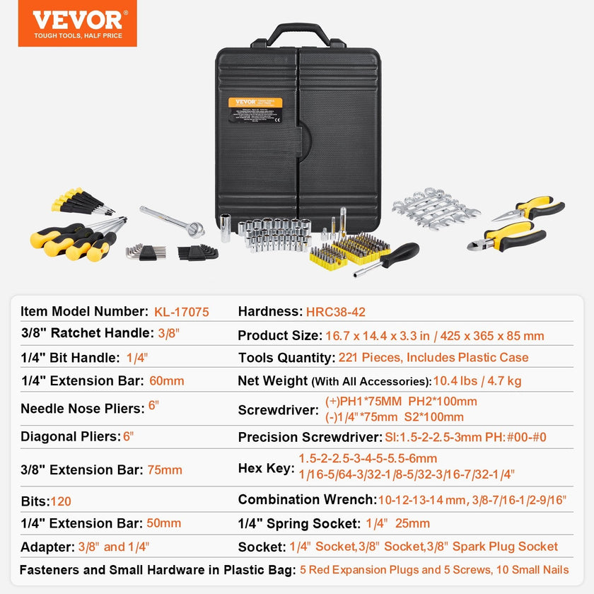 VEVOR 221-Piece Mechanics Tool Set 1/4