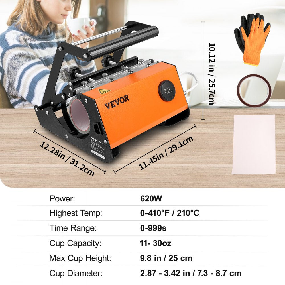 VEVOR Tumbler Heat Press, 30oz Mug Heat Press Machine Sublimation Transfer 11-15oz 16-25oz 30oz Straight Skinny Tumblers, Cup Heat Press with Heat-resist Gloves & Tape, DIY Ceramic Mugs Cups Glasses