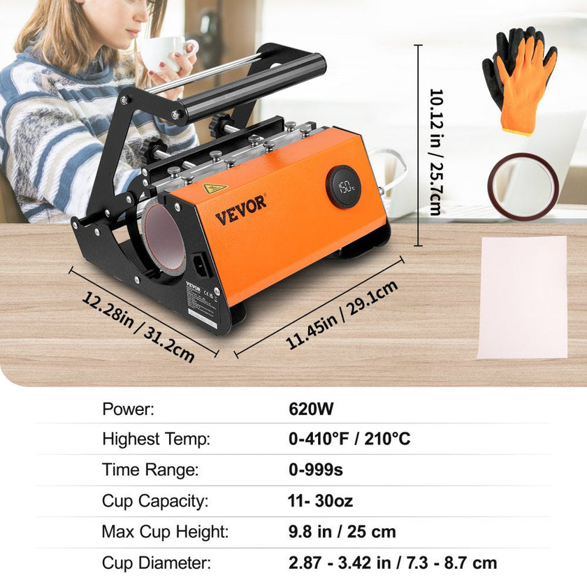 VEVOR Tumbler Heat Press, 30oz Mug Heat Press Machine Sublimation Transfer 11-15oz 16-25oz 30oz Straight Skinny Tumblers, Cup Heat Press with Heat-resist Gloves & Tape, DIY Ceramic Mugs Cups Glasses