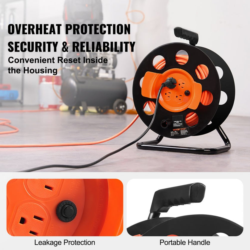 VEVOR Extension Cord Reel, 100FT, with 4 Outlets and Dust Cover, Heavy Duty 12AWG SJTOW Power Cord, Manual Cord Reel with Portable Handle Circuit Breaker, for Toolshed Garage, Tested to UL Standards