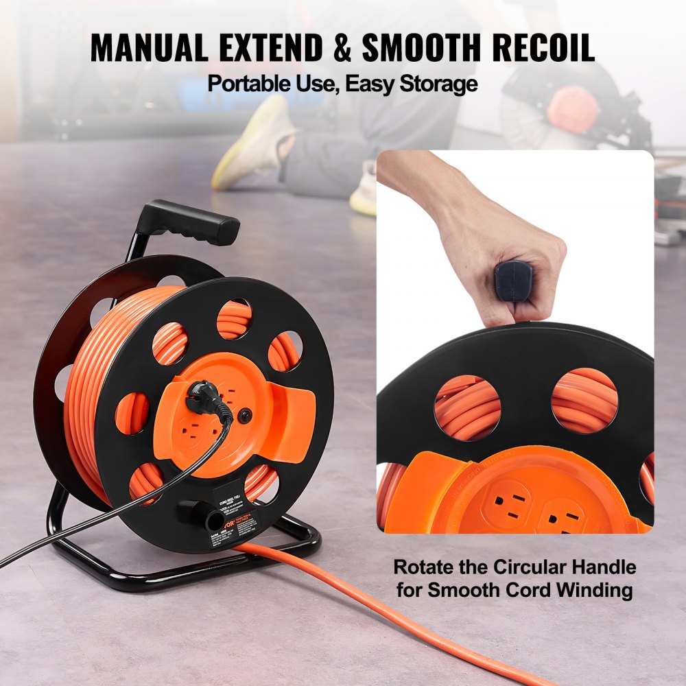 VEVOR Extension Cord Reel, 100FT, with 4 Outlets and Dust Cover, Heavy Duty 12AWG SJTOW Power Cord, Manual Cord Reel with Portable Handle Circuit Breaker, for Toolshed Garage, Tested to UL Standards