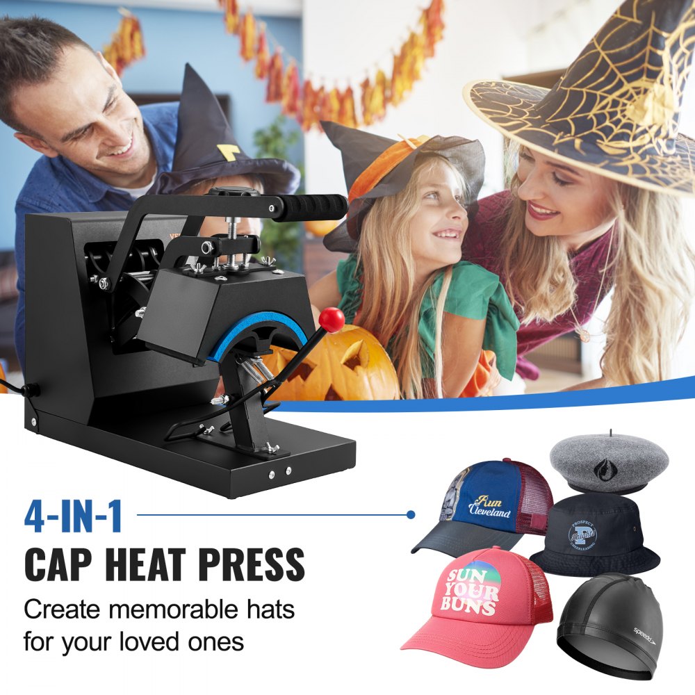 VEVOR Hat Heat Press, 4-in-1 Cap Heat Press Machine, 6 x 3in Clamshell Sublimation Transfer, LCD Digital Timer Temperature Control with 4pcs Curved Heating Elements (6x3/6.7x2.7/6.7x2.7/8.1x3.5)