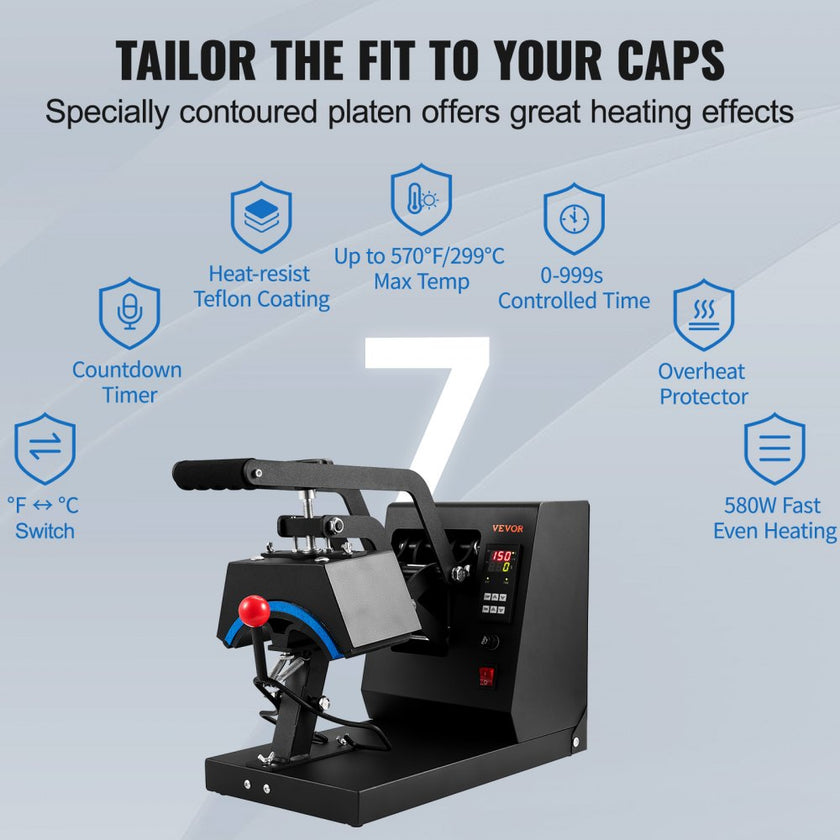 VEVOR Hat Heat Press, 4-in-1 Cap Heat Press Machine, 6 x 3in Clamshell Sublimation Transfer, LCD Digital Timer Temperature Control with 4pcs Curved Heating Elements (6x3/6.7x2.7/6.7x2.7/8.1x3.5)