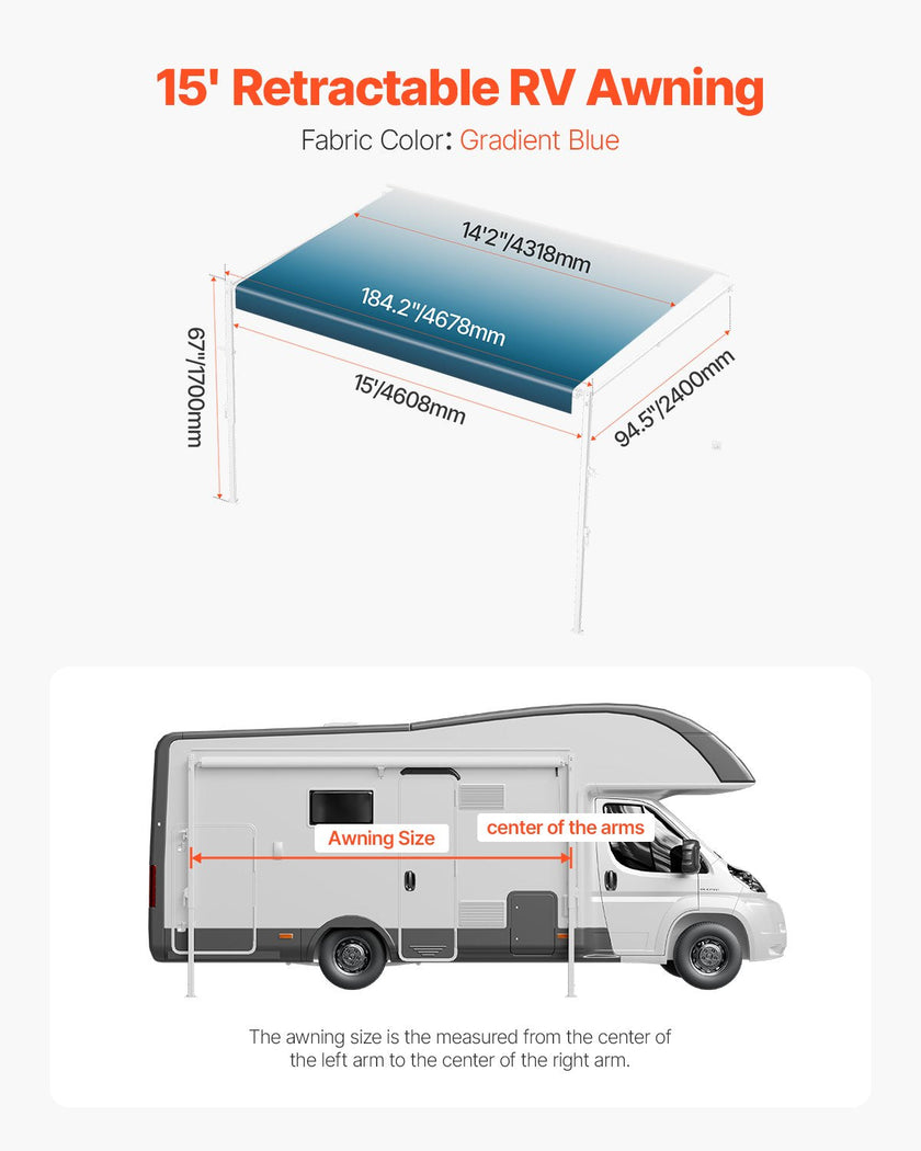 VEVOR 15' RV Replacement Awning Manual Trailer Awning for Most DC12V RVs