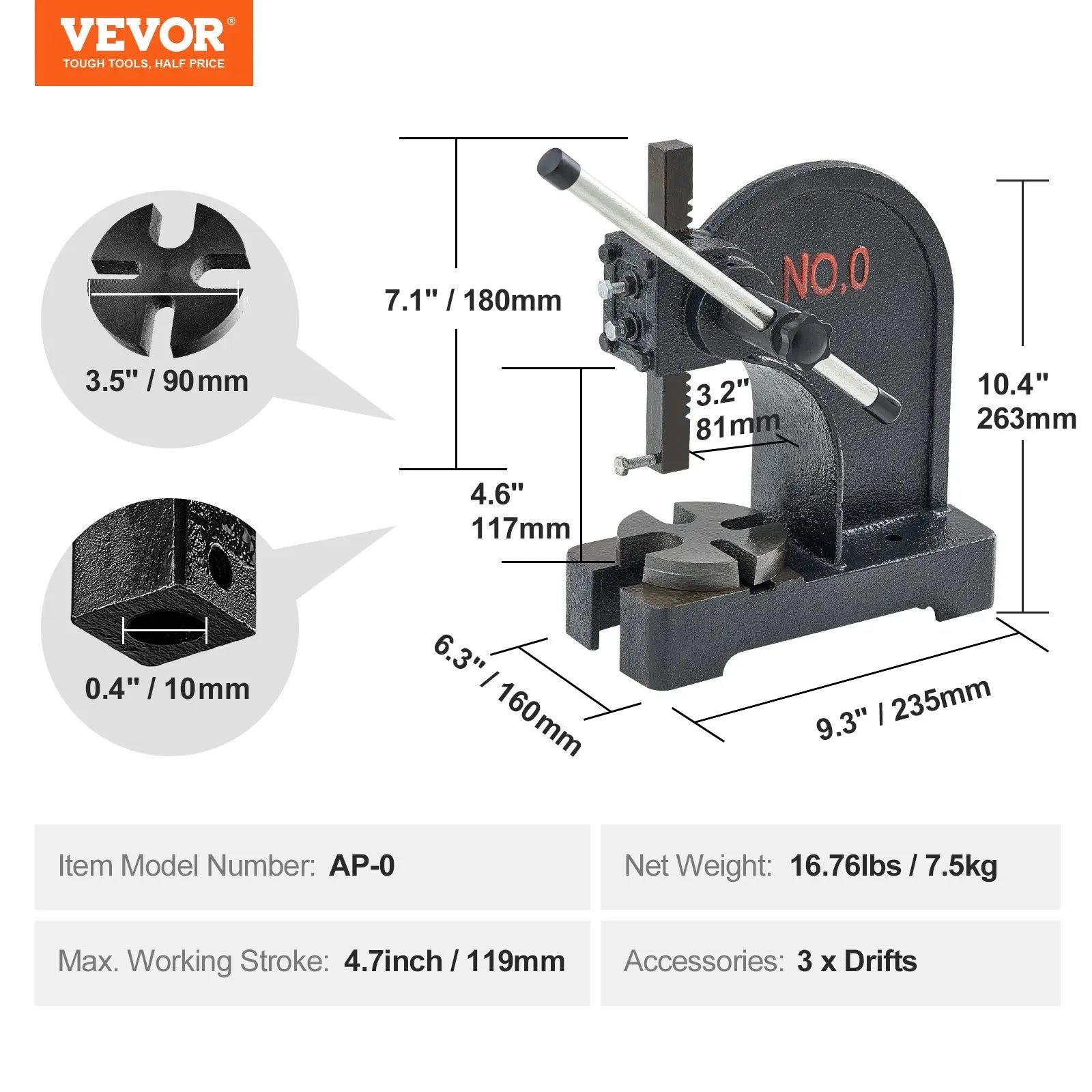 VEVOR Arbor Press, 0.5 Ton Manual Arbor Press, 4.6