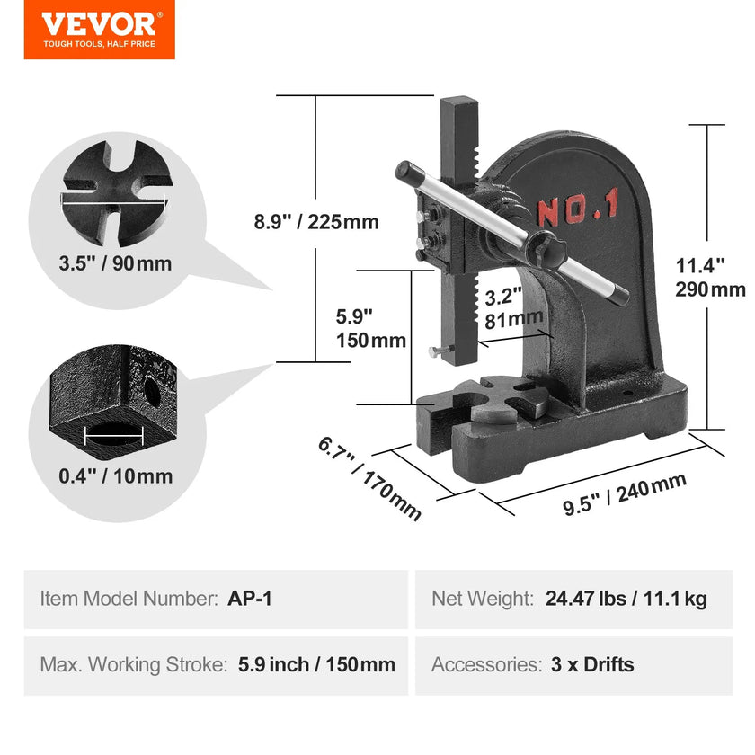 VEVOR Arbor Press, 1 Ton Manual Arbor Press, 5.9