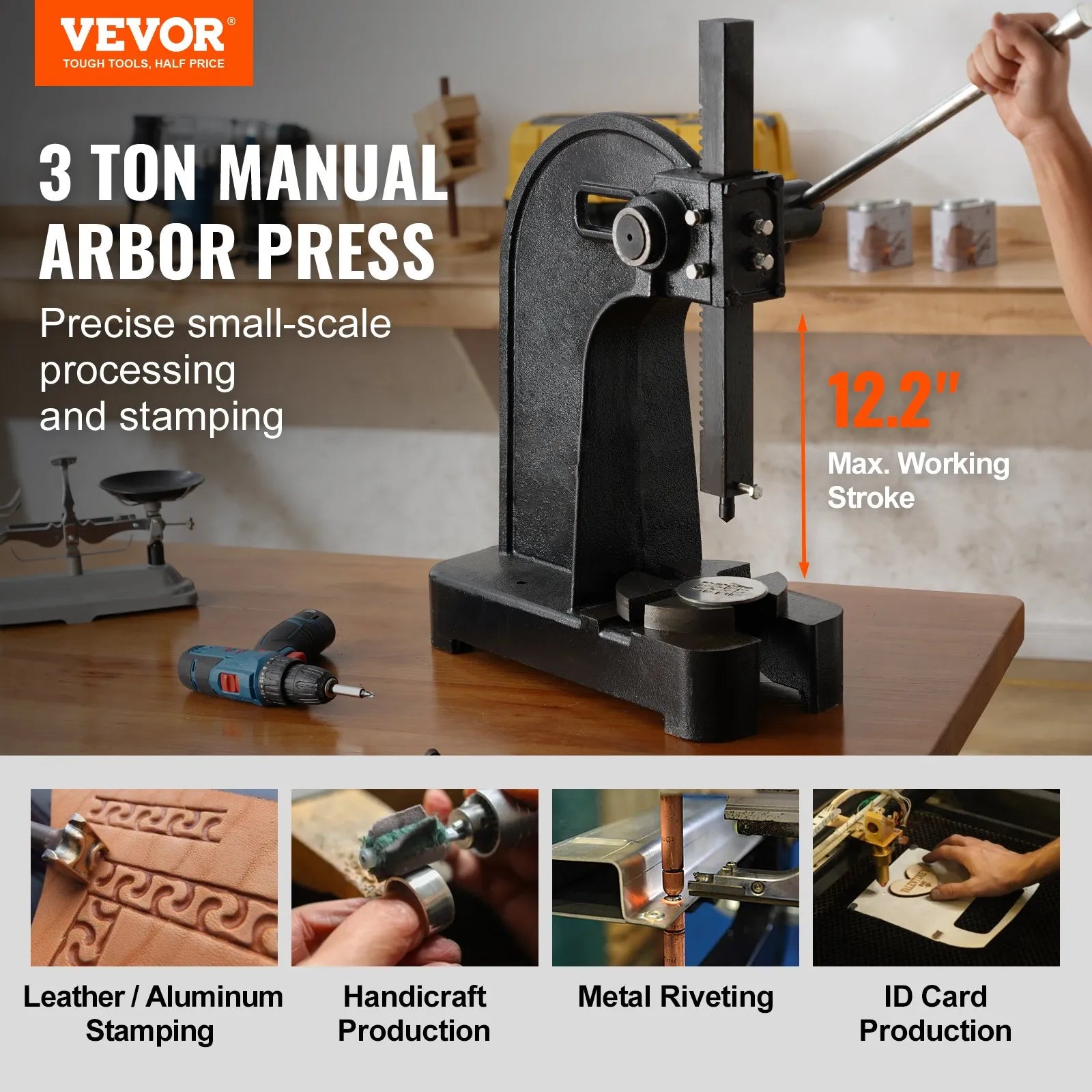 VEVOR Arbor Press, 3 Ton Manual Arbor Press, 12.2