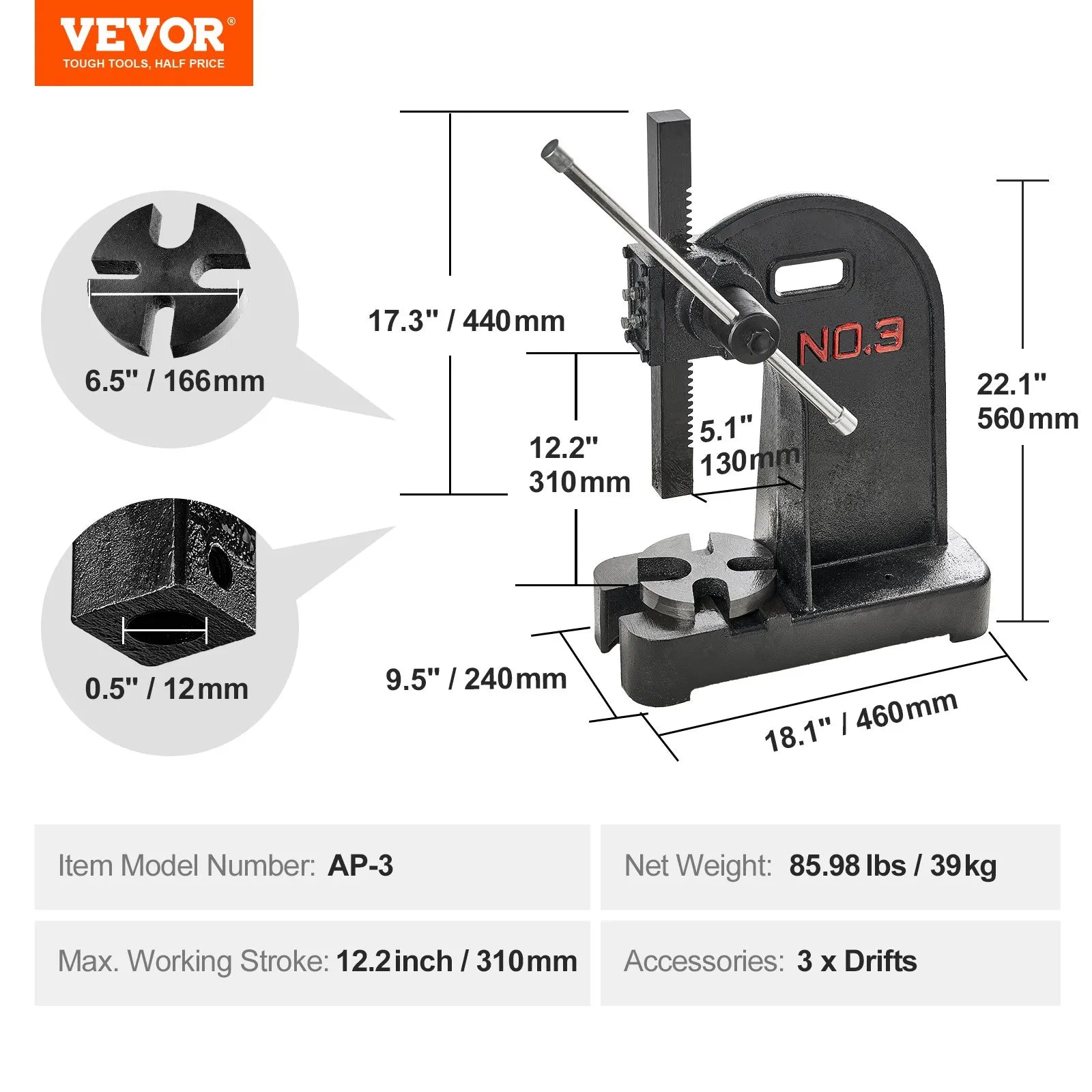 VEVOR Arbor Press, 3 Ton Manual Arbor Press, 12.2