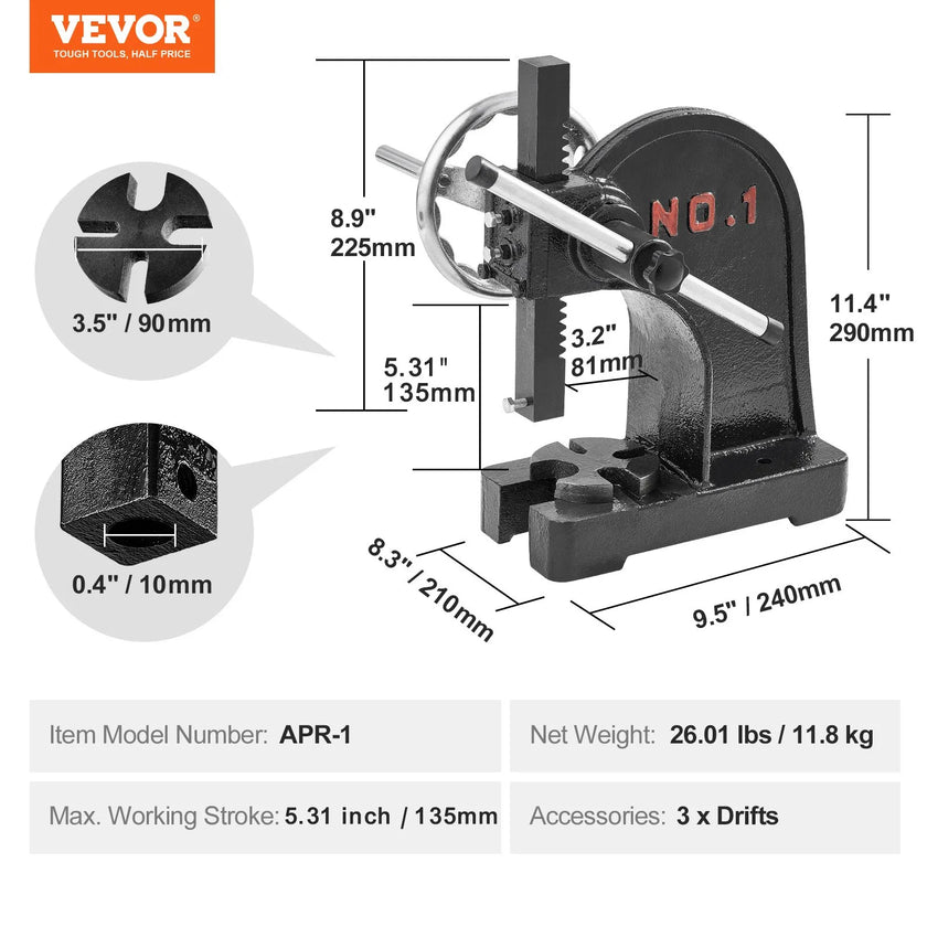 VEVOR Arbor Press, 1 Ton Manual Arbor Press with Handwheel, 5.9