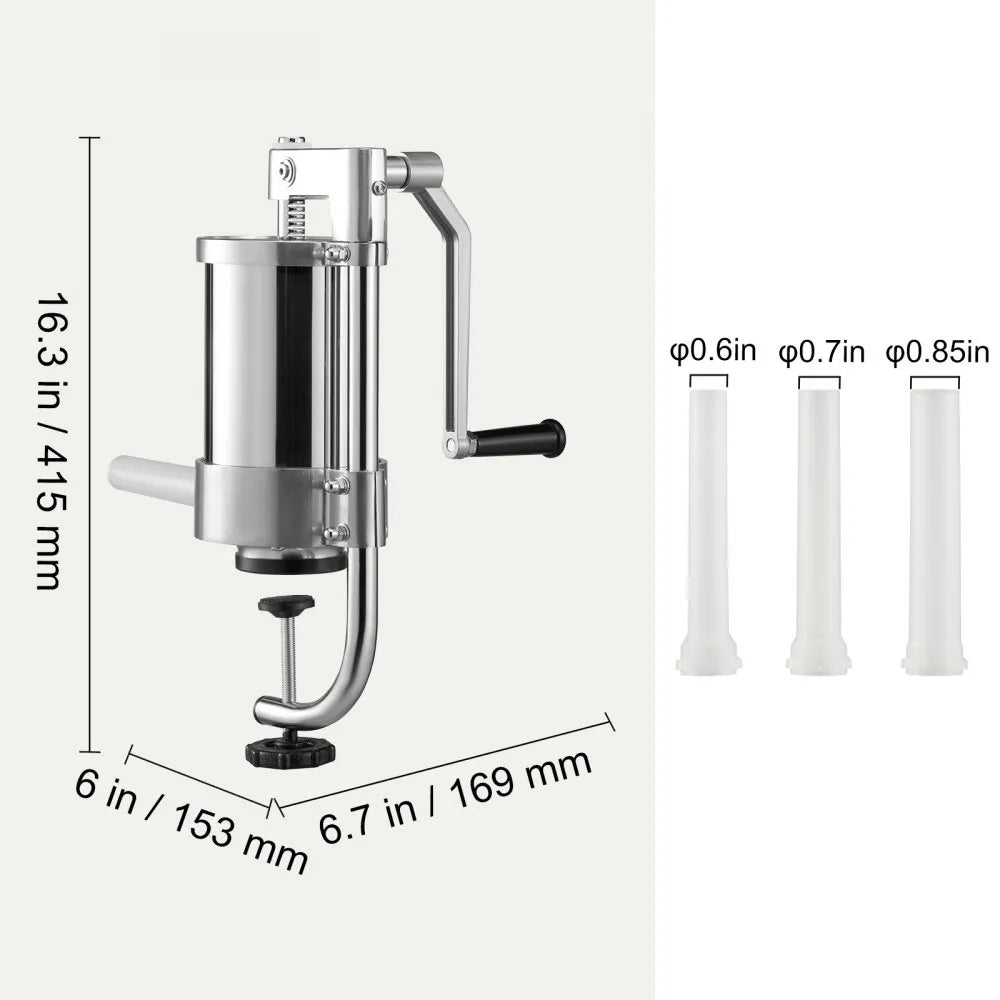 VEVOR Sausage Stuffer, 2.5LBS/1.5L Capacity, 304 Stainless Steel Vertical Sausage Stuffer, Sausage Filling Machine with 3 Stuffing Tubes, Suction Base and Manual Crank for Household or Commercial Use