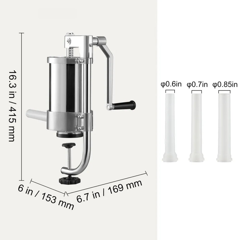 VEVOR Sausage Stuffer, 2.5LBS/1.5L Capacity, 304 Stainless Steel Vertical Sausage Stuffer, Sausage Filling Machine with 3 Stuffing Tubes, Suction Base and Manual Crank for Household or Commercial Use