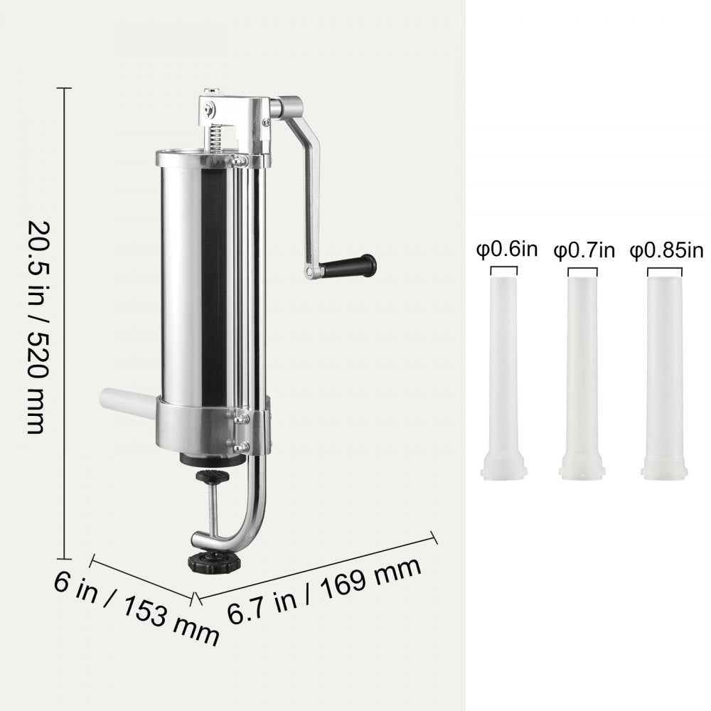 VEVOR Sausage Stuffer, 5LBS/3L Capacity, 304 Stainless Steel Vertical Sausage Stuffer, Sausage Filling Machine with 3 Stuffing Tubes, Suction Base and Manual Crank for Household or Commercial Use