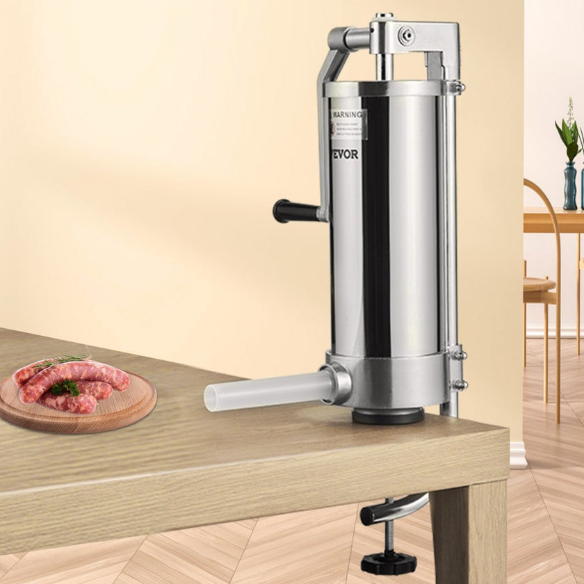 VEVOR Sausage Stuffer, 5LBS/3L Capacity, 304 Stainless Steel Vertical Sausage Stuffer, Sausage Filling Machine with 3 Stuffing Tubes, Suction Base and Manual Crank for Household or Commercial Use