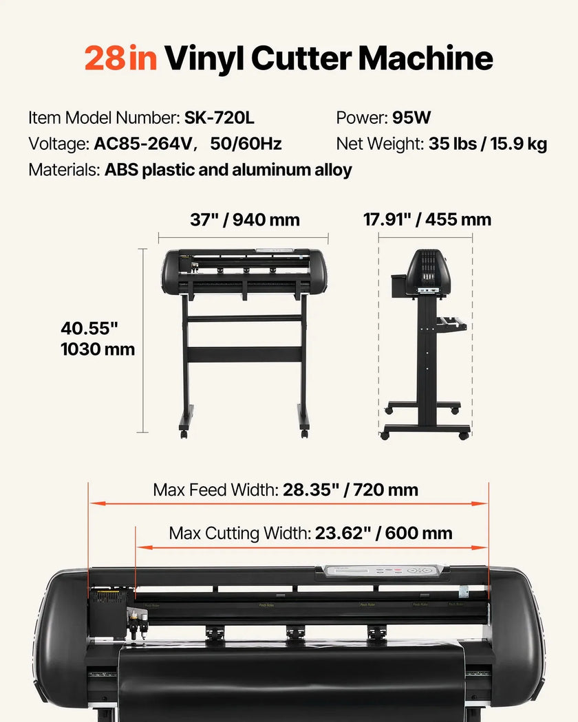VEVOR Vinyl Cutter Machine, 28 inch Max Feed Width, Dual Blades, Adjustable Force and Speed, LED Display, Vinyl Plotter Cutter Printer with Signmaster Software for Compatible with Windows and macOS