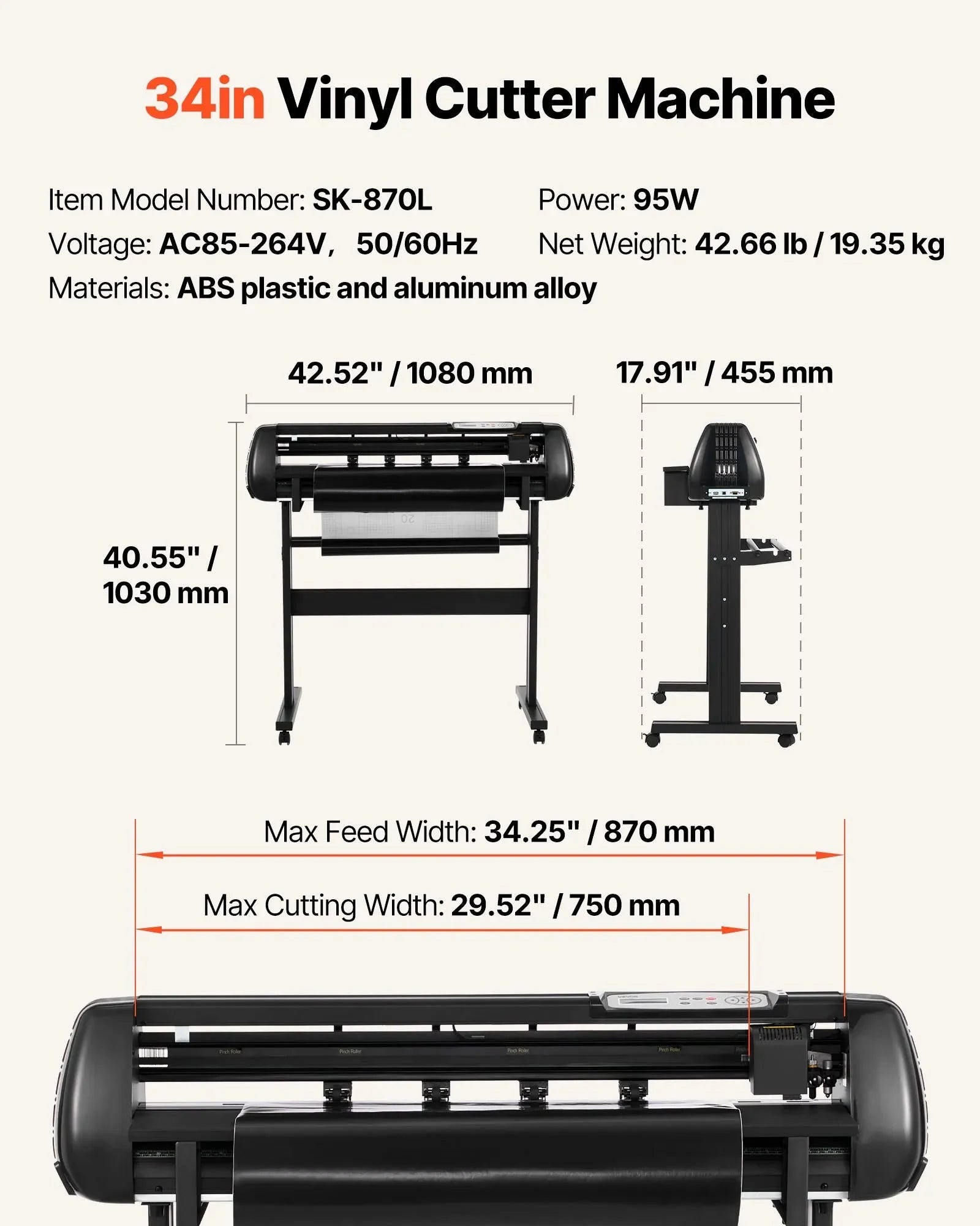 VEVOR Vinyl Cutter Machine, 34 inch Max Feed Width, Dual Blades, Adjustable Force and Speed, LED Display, Vinyl Plotter Cutter Printer Bundle with Sticker Sheets, Transfer Film, Signmaster Software